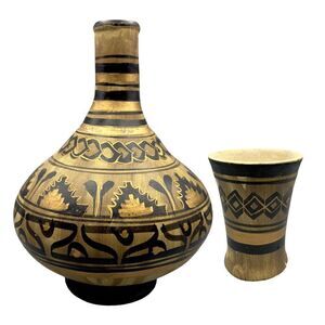 Vintage Vase Jug Cup MEXICO Handmade Painted Earthenware Pottery Geometric FLAW